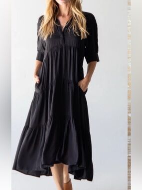Natural Life Rebecca Tiered Dress Boho NEW Black Prairie Midi Maki